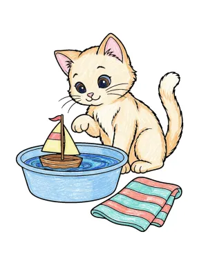 Cat and a Toy Sailboat Coloring Page colored with AI in crayon style