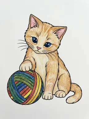 Cat and Yarn Ball Coloring Page colored with AI in crayon style