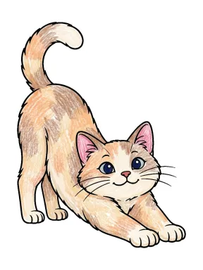 Stretching Cat Coloring Page colored with AI in crayon style