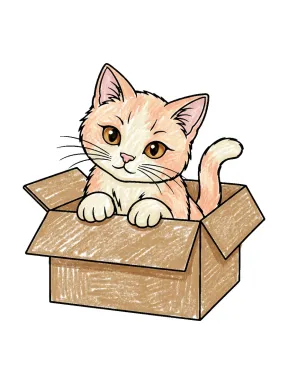 Cat in a Cardboard Box Coloring Page colored with AI in crayon style
