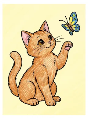Cat Watching a Butterfly Coloring Page colored with AI in crayon style
