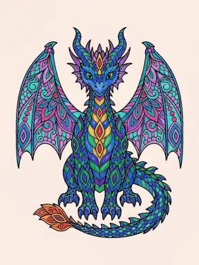 Majestic Winged Mandala Dragon Coloring Page colored with AI in crayon style