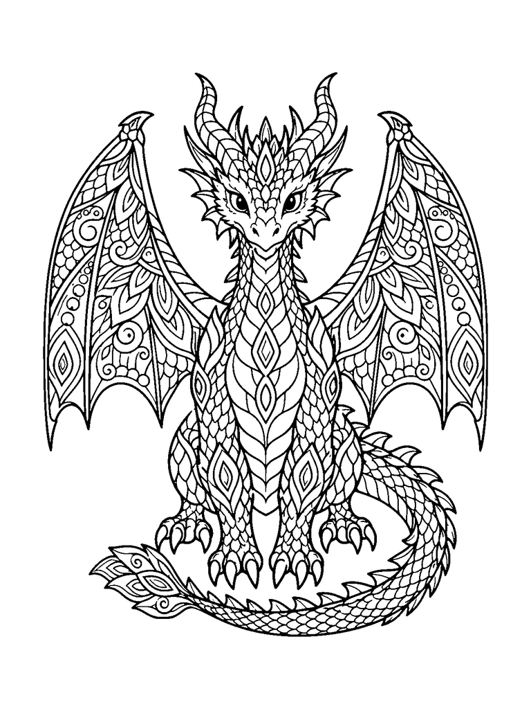 A majestic front-facing dragon spreads two wings filled with intricate petals, scales, curls, and jewel-like patterns.