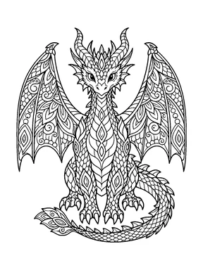 A majestic front-facing dragon spreads two wings filled with intricate petals, scales, curls, and jewel-like patterns.