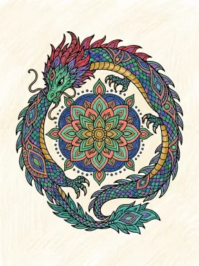 Coiled Dragon and Floral Mandala Coloring Page colored with AI in crayon style