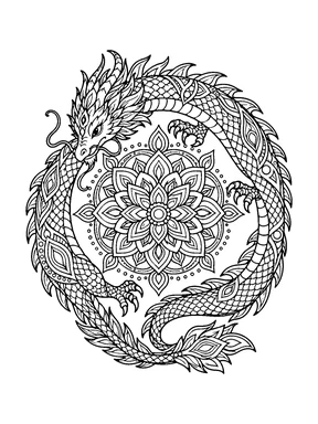 A long patterned dragon coils in a circle around an elaborate floral mandala.
