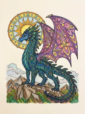 Dragon on a Rocky Peak Mandala Coloring Page colored with AI in crayon style