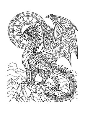 A detailed side-view dragon stands on a rocky peak before an ornate circular sun motif.
