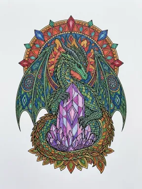 Crystal Guardian Mandala Dragon Coloring Page colored with AI in crayon style