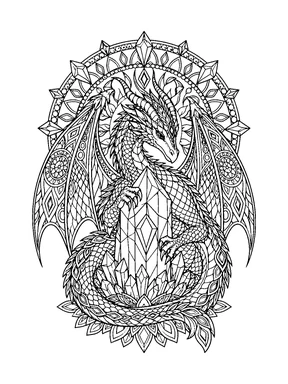 An intricately patterned dragon curls around a large faceted crystal beneath a gem-like halo.
