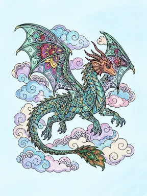 Dragon Flying Through Clouds Mandala Coloring Page colored with AI in crayon style