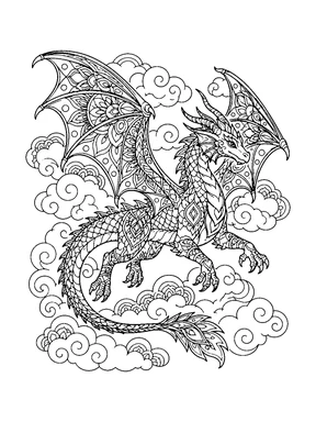 A full-body dragon with ornate wings flies through layered curling clouds.