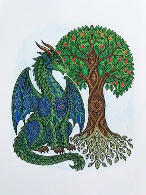 Dragon and Tree of Life Mandala Coloring Page, colored example