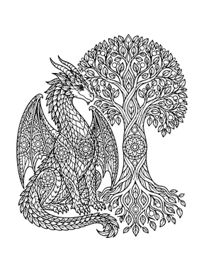 A densely patterned dragon sits beside a complete tree of life filled with mirrored leaves and circular motifs.