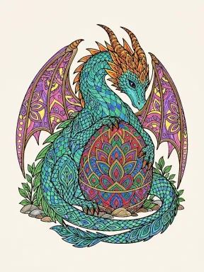 Dragon Guarding an Ornate Egg Coloring Page colored with AI in crayon style