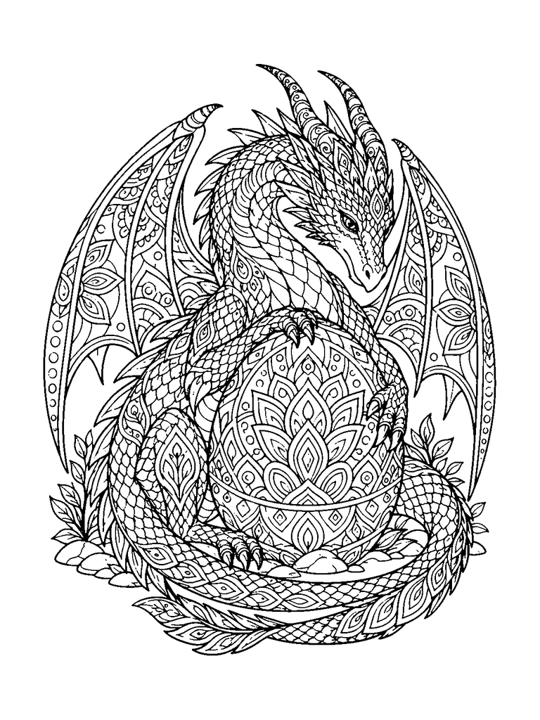 A detailed mandala dragon curls protectively around a large patterned dragon egg.