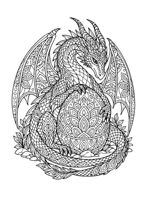 A detailed mandala dragon curls protectively around a large patterned dragon egg.