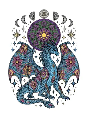 Moon Phase Mandala Dragon Coloring Page, colored example