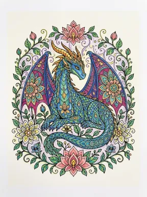 Dragon in an Ornamental Garden Coloring Page colored with AI in crayon style