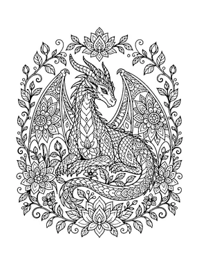 A resting mandala dragon is framed by a complete garden of symmetrical flowers and curling vines.