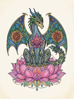 Dragon on a Lotus Pedestal Coloring Page colored with AI in crayon style
