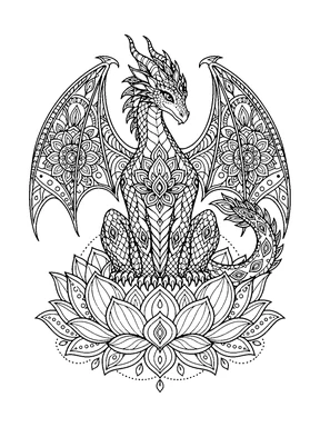 A seated dragon with patterned wings, chest, and tail rests on a large layered lotus pedestal.
