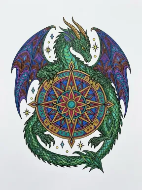 Dragon and Compass Star Mandala Coloring Page colored with AI in crayon style