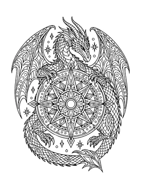 A densely patterned dragon curls around a decorative compass-like star mandala with no text.