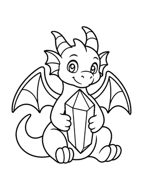 A young seated dragon holds one large faceted crystal between its front paws.
