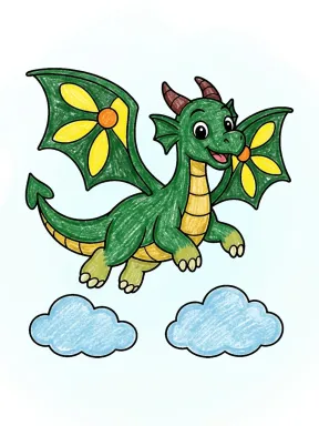 Flying Dragon Above Two Clouds Coloring Page colored with AI in crayon style