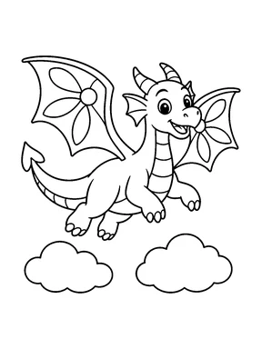 A smiling dragon flies above two rounded clouds with large flower motifs on its wings.