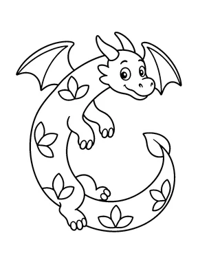 A simple dragon curves into an open circle with large petal motifs along its body.