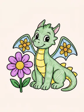 Dragon Beside an Eight-Petal Flower Coloring Page colored with AI in crayon style