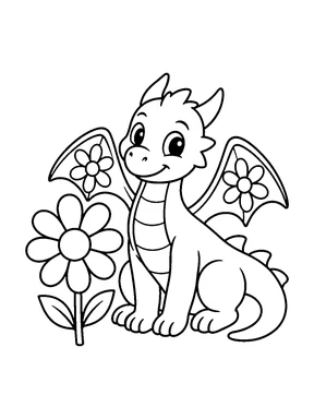 A young dragon sits beside a large eight-petal flower with simple flower motifs on its wings.