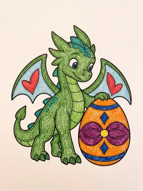 Dragon Guarding a Patterned Egg Coloring Page colored with AI in crayon style
