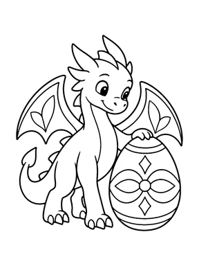 A young dragon stands protectively beside one large egg decorated with bold symmetrical motifs.