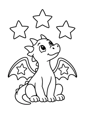 A seated dragon looks up at three large stars with matching star motifs on its wings.