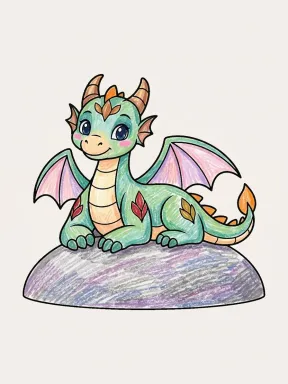 Dragon Resting on a Hill Coloring Page colored with AI in crayon style