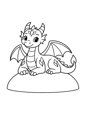 A full-body dragon rests on one rounded hill with a few large leaf-shaped body motifs.