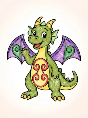 Waving Dragon with Swirl Motifs Coloring Page colored with AI in crayon style