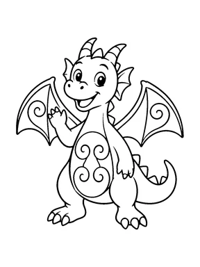 A standing dragon raises one front paw and has bold mirrored swirl motifs on its wings and belly.