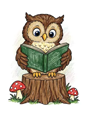 Owl Reading a Book Coloring Page colored with AI in crayon style