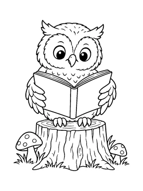 A cute owl sits on a tree stump reading an open book, with two small mushrooms beside it.