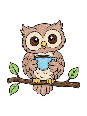Cute Owl Holding a Teacup Coloring Page colored with AI in crayon style