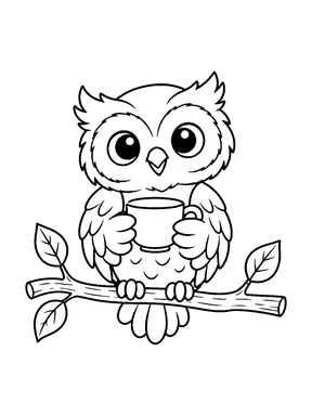 A cute owl sits on a short branch and holds a blank teacup with both wings beside three leaves.