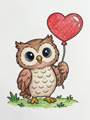 Cute Owl with a Heart Balloon Coloring Page colored with AI in crayon style