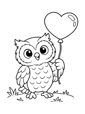A cute owl stands on the ground holding a blank heart-shaped balloon by its string.