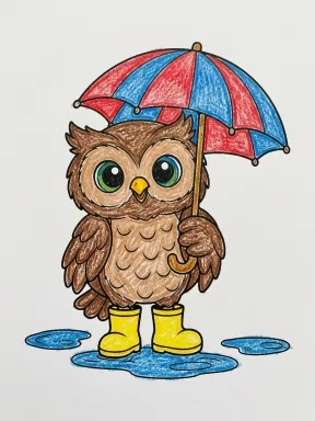 Cute Owl with an Umbrella Coloring Page colored with AI in crayon style