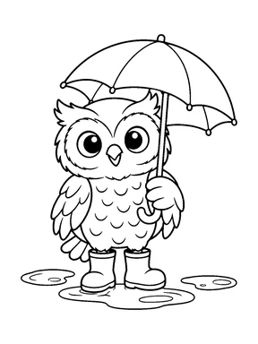 A cute owl wears rain boots and holds an open umbrella above three small puddles.
