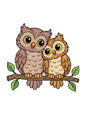 Two Cute Owls on a Branch Coloring Page colored with AI in crayon style